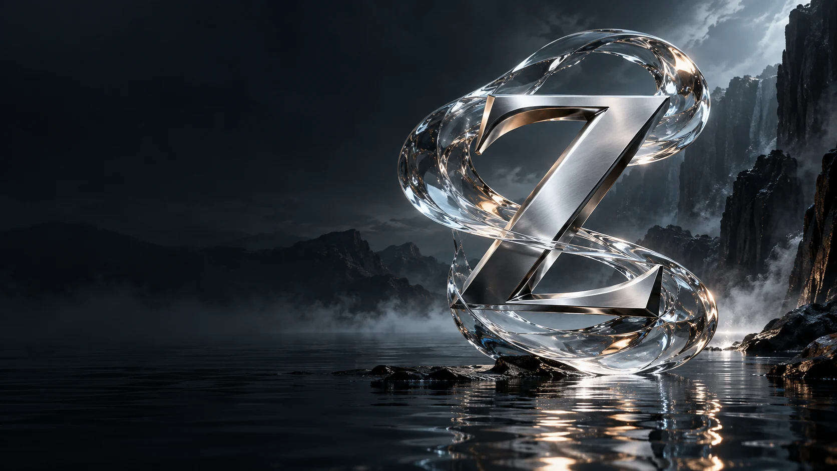 Silver Zeridan Z formed within flowing liquid glass over a reflective graphite surface
